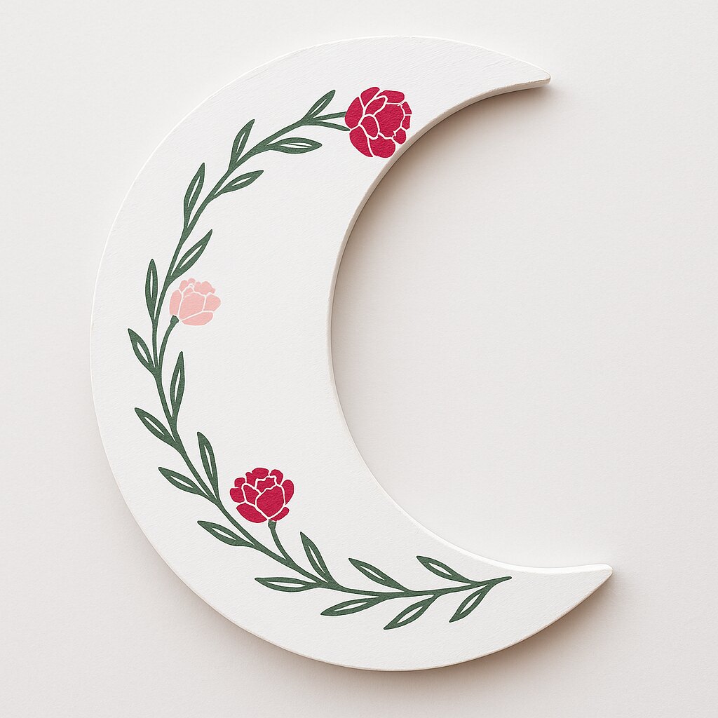 Crescent Moon Floral Wood Sign