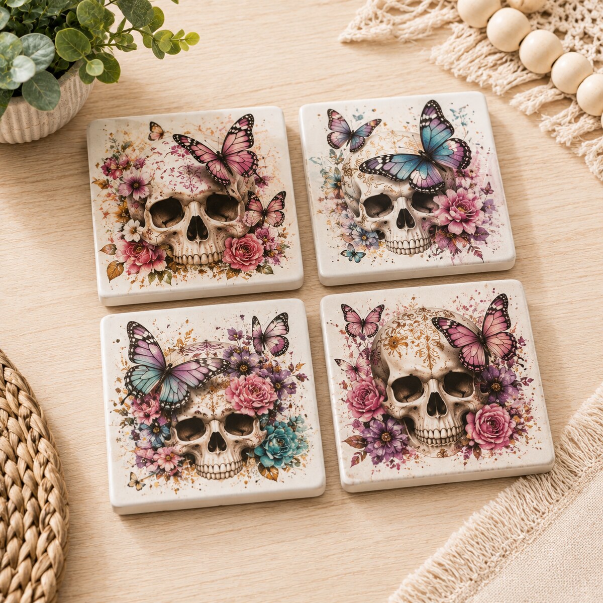 Butterfly Skull Coaster Set