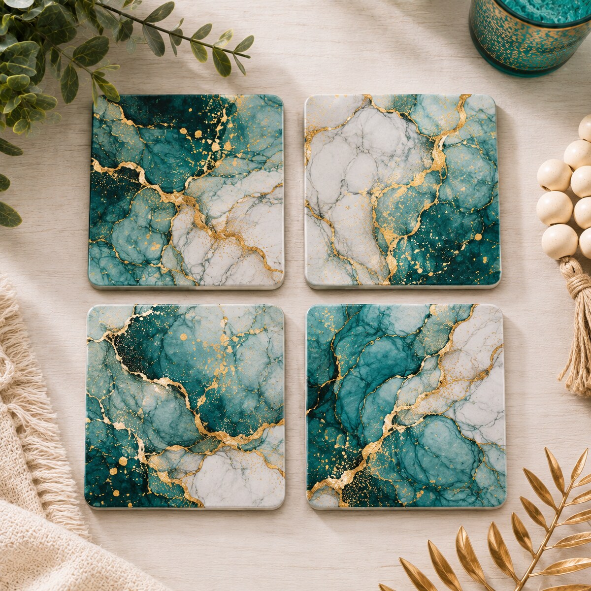 Teal & Gold Marble Coaster Set