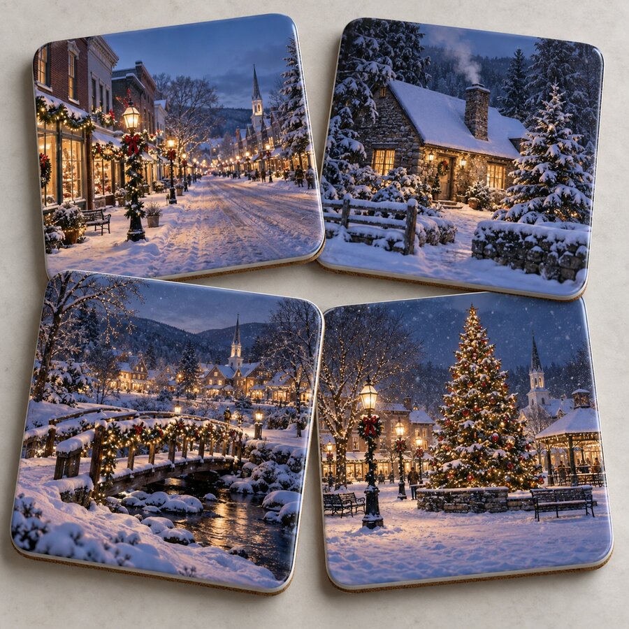 Christmas Village Ceramic Coaster Set