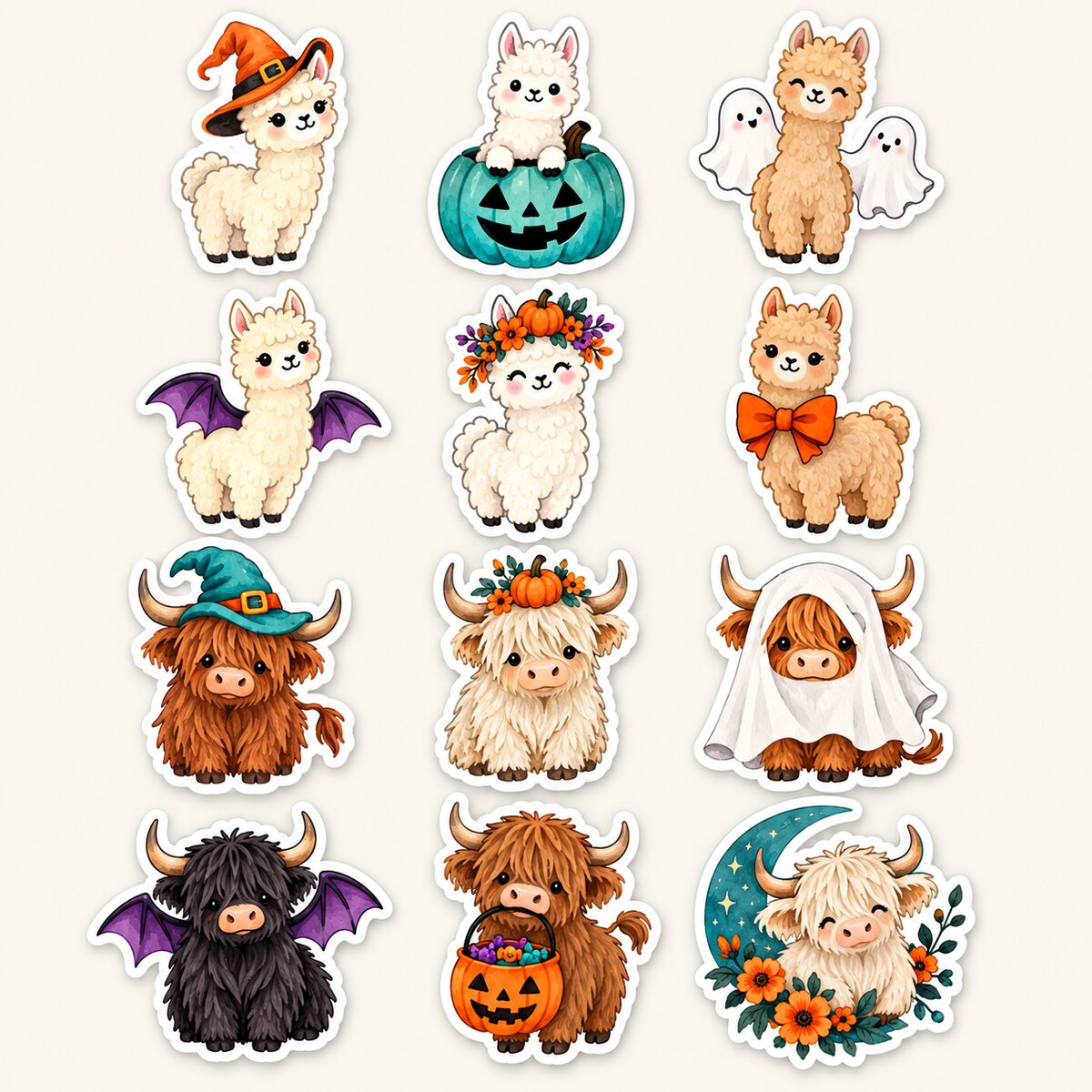 Alpaca Highland Cow Sticker Set
