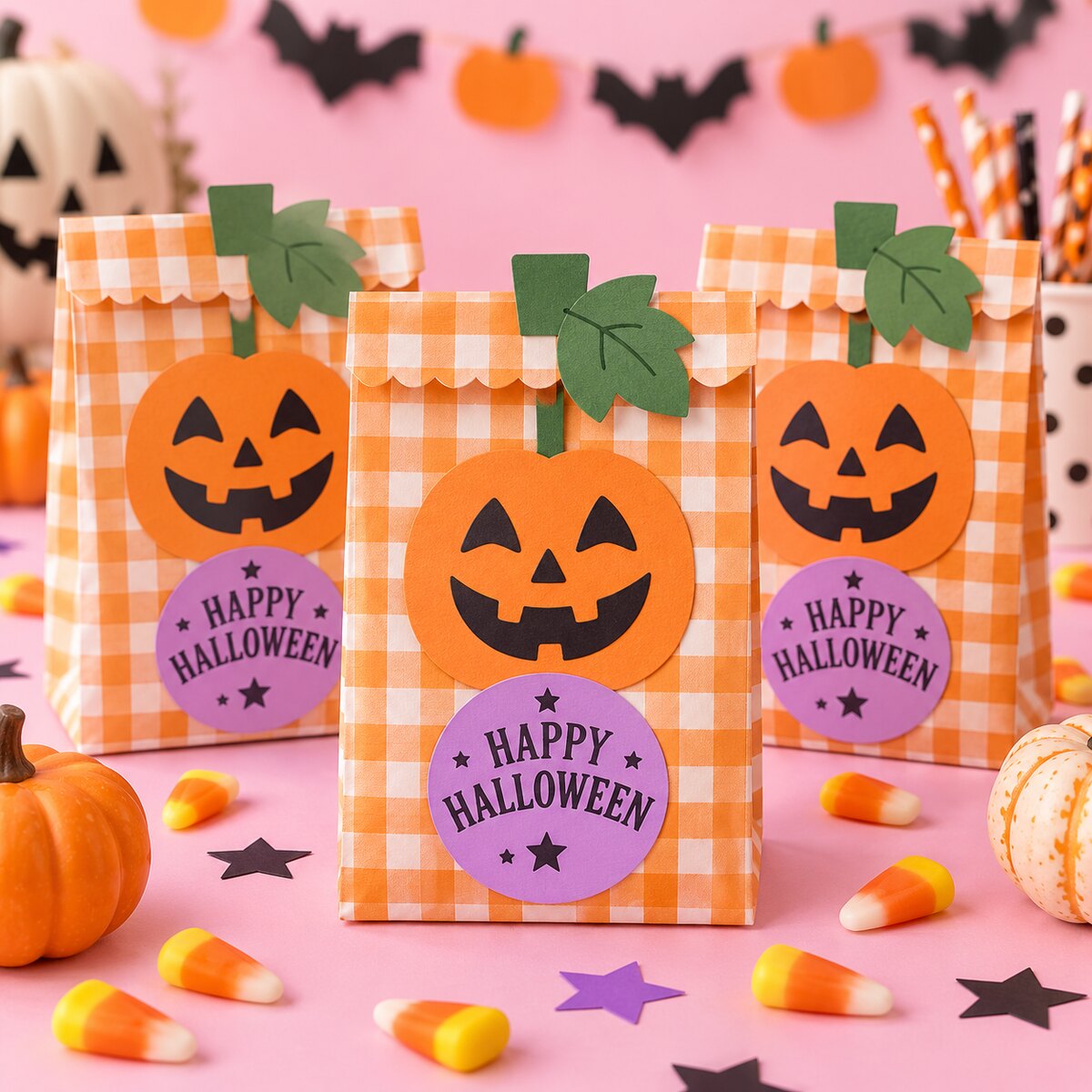 Checkered Pumpkin Paper Treat Bags
