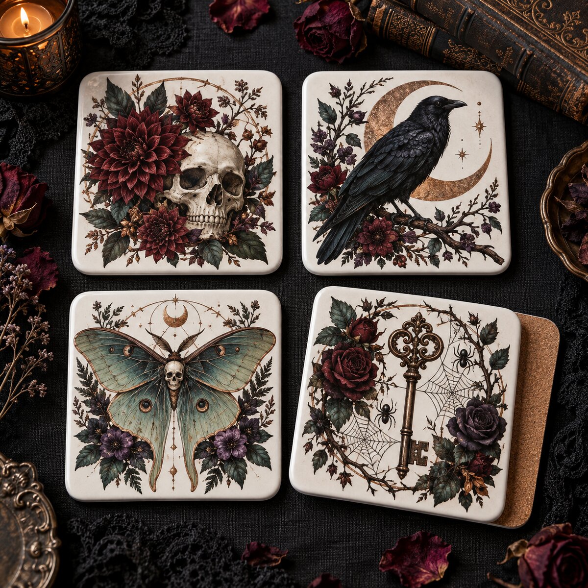 Gothic Skull Raven Moth Coaster Set