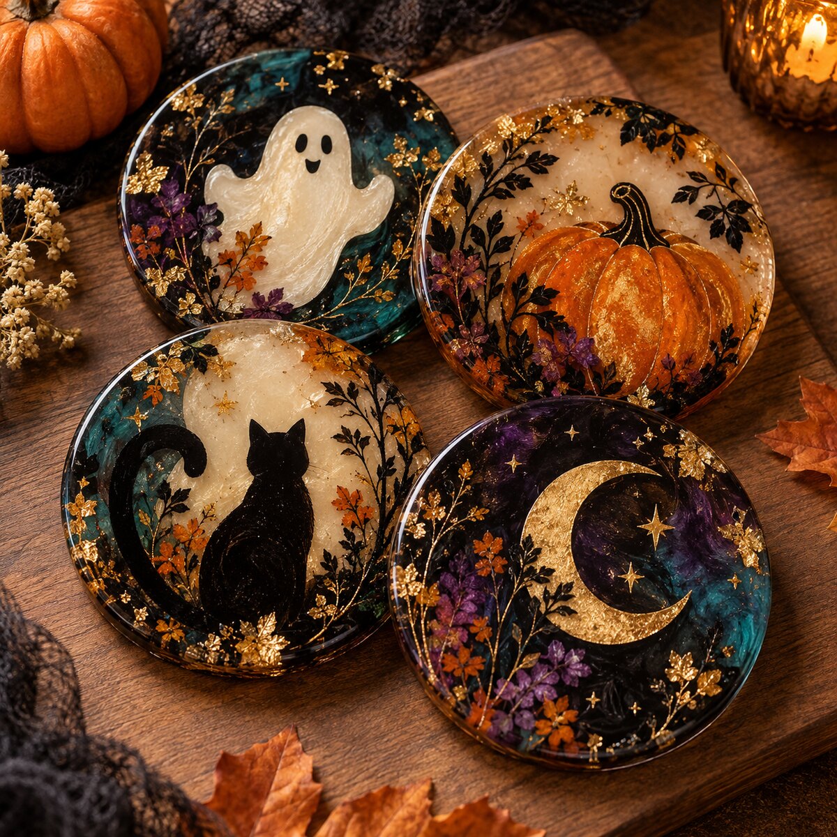 Resin Ghost Pumpkin Moon Resin Coaster Set
