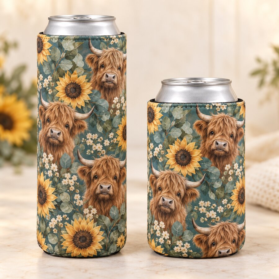 Sunflower Highland Can Koozie