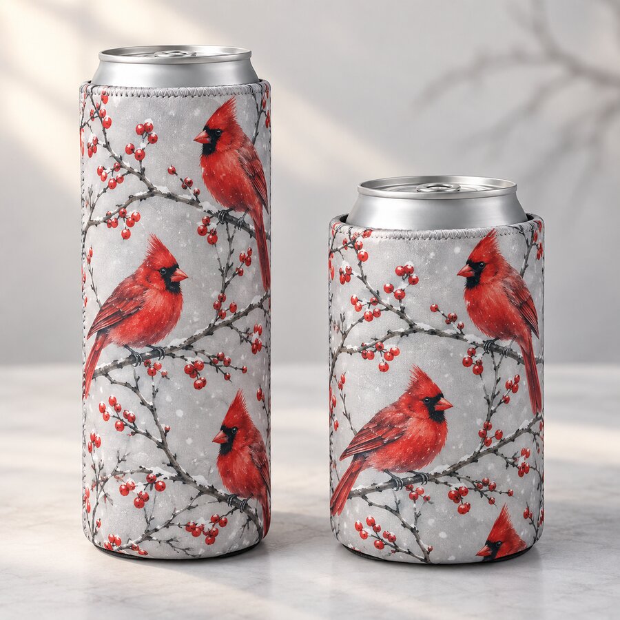 Winter Cardinals Can Koozie