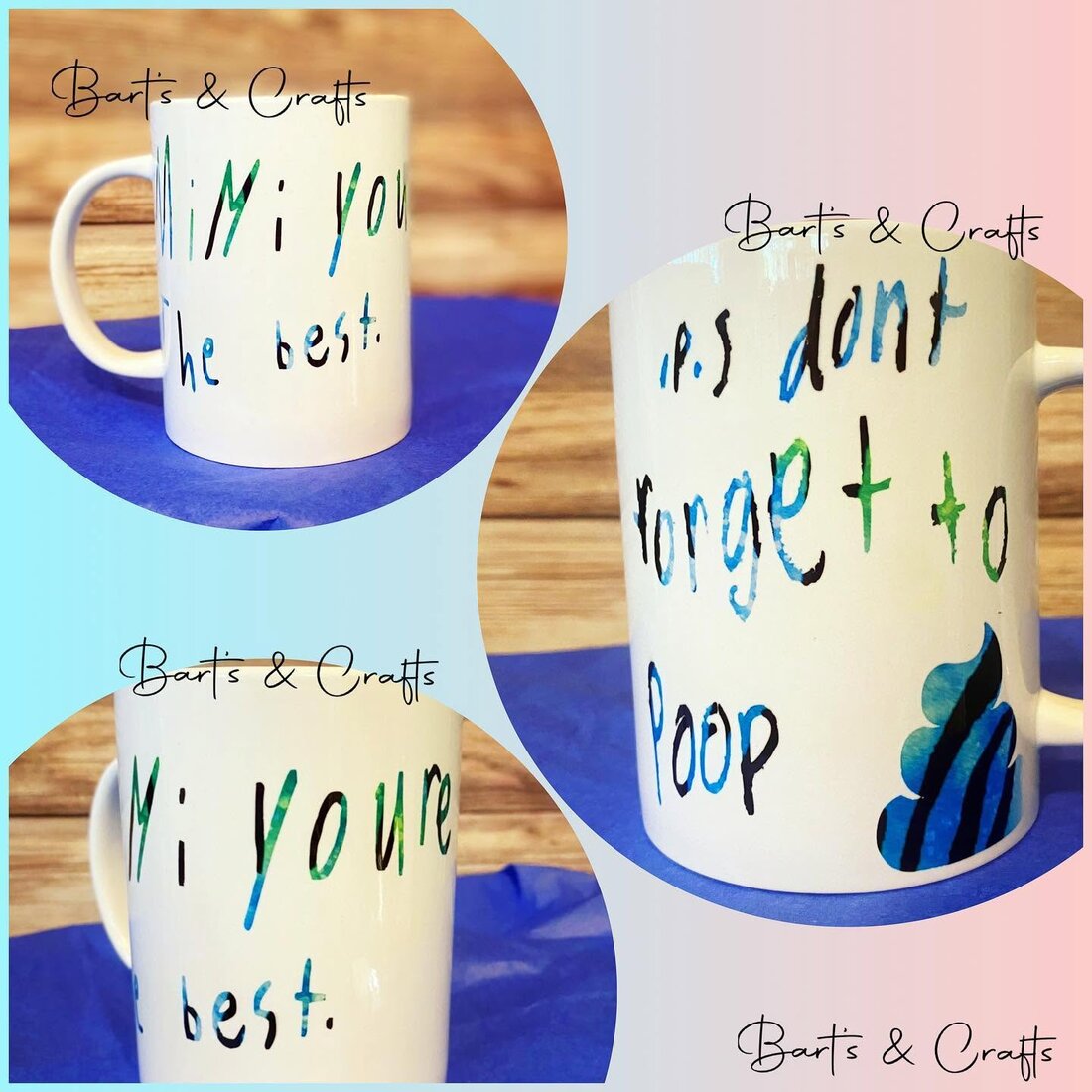 White mug hand-painted from a child's note, kept in their own words and spelling