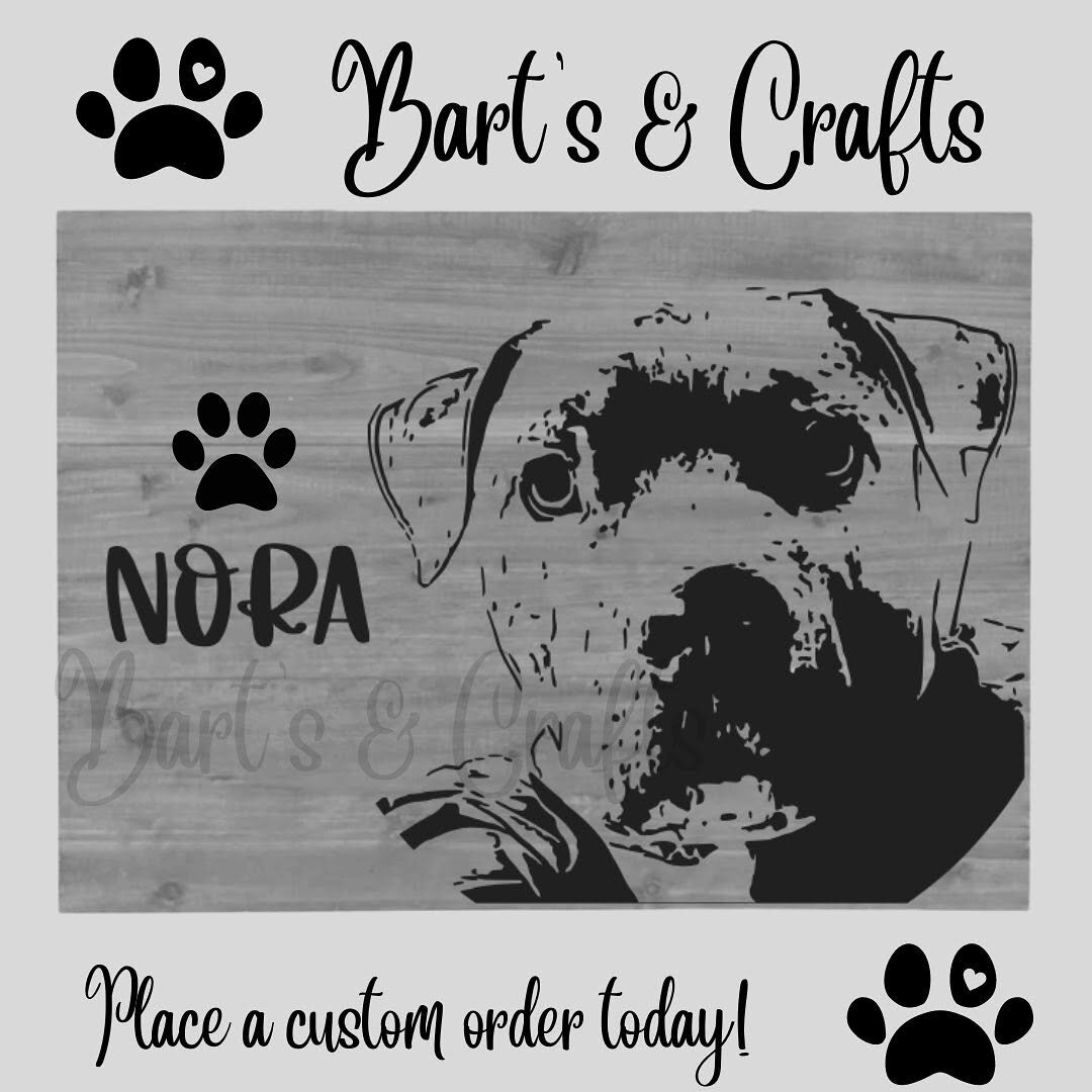 Wood sign with a boxer dog's face and the name Nora cut in vinyl from a photo