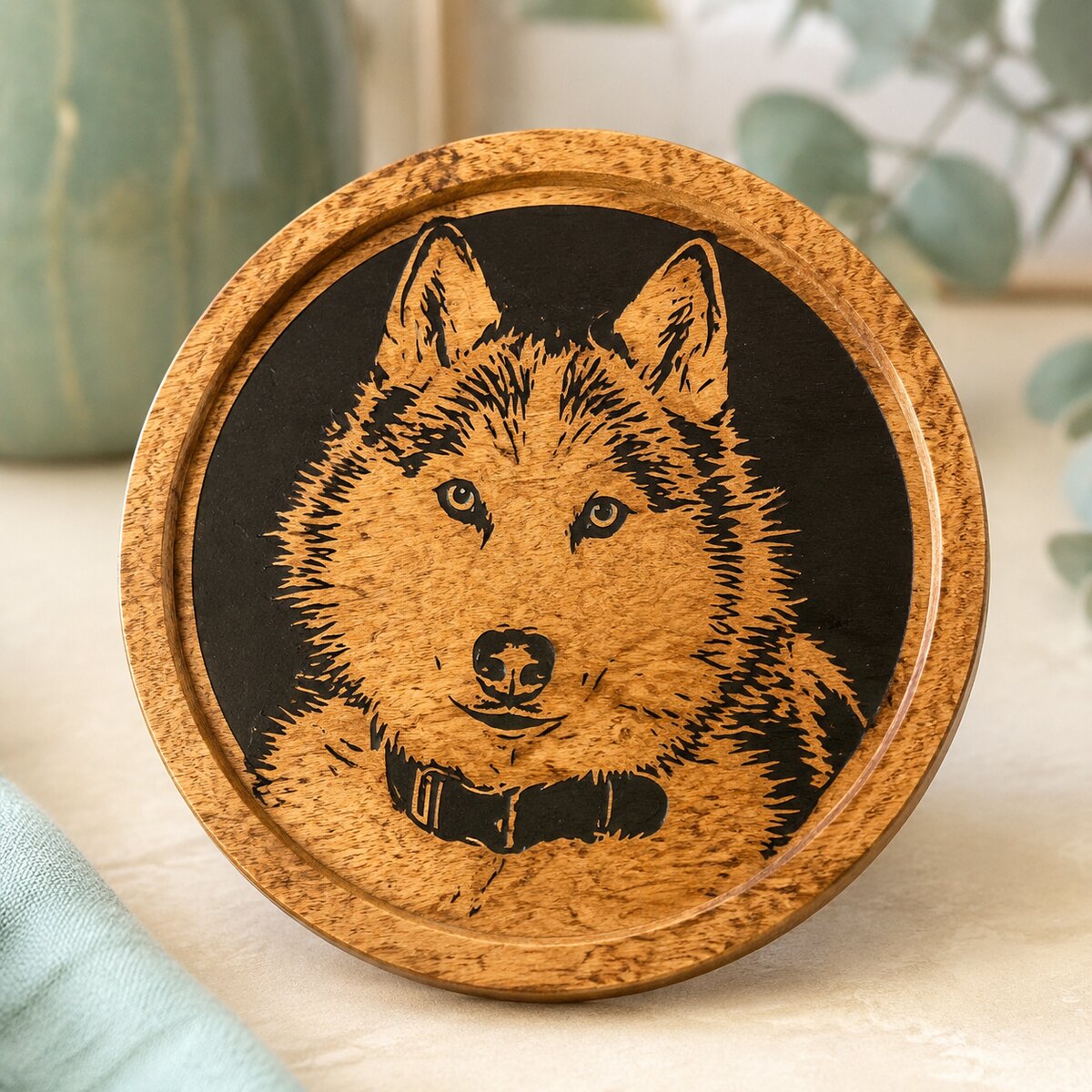 Custom wood pet coaster made from a customer's photo in iron-on vinyl