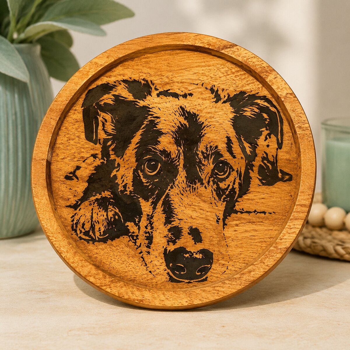 Custom wood pet coaster made from a customer's photo in iron-on vinyl