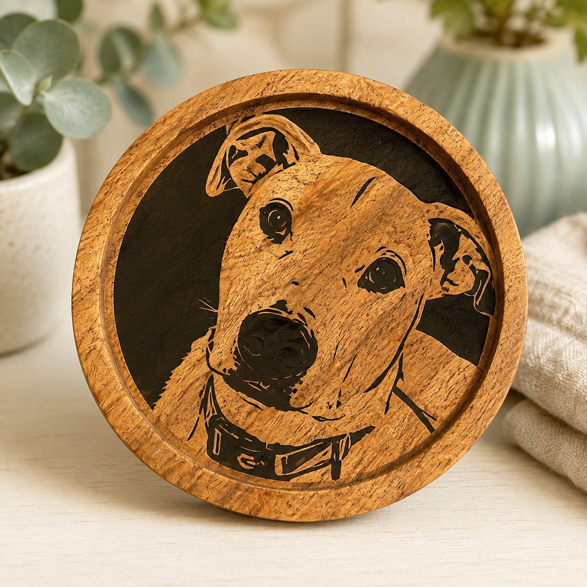 Custom wood pet coaster made from a customer's photo in iron-on vinyl