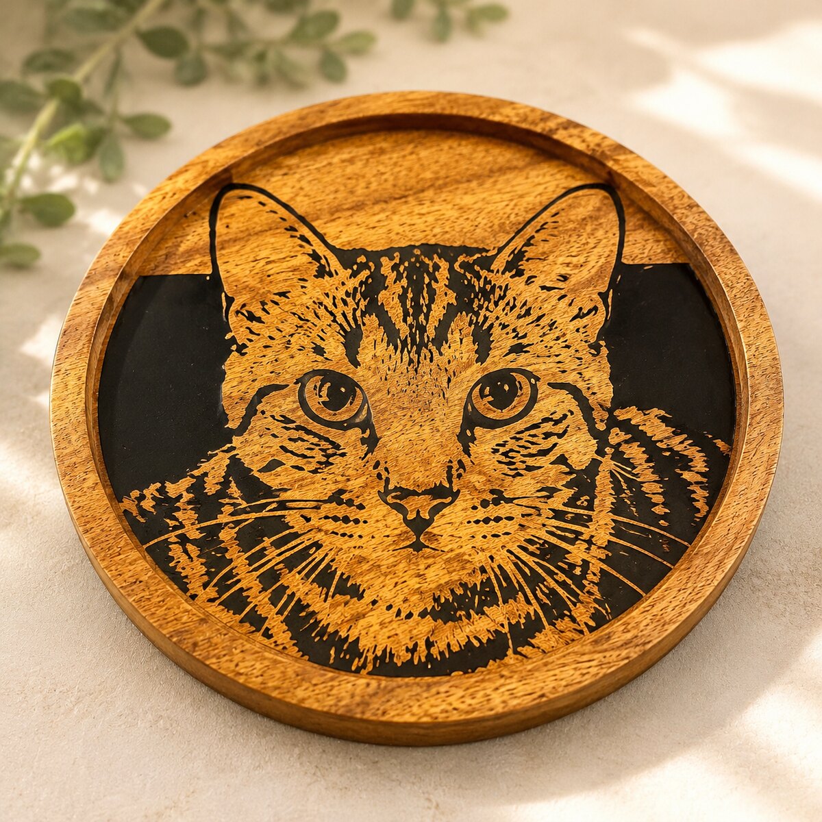 Custom wood pet coaster made from a customer's photo in iron-on vinyl