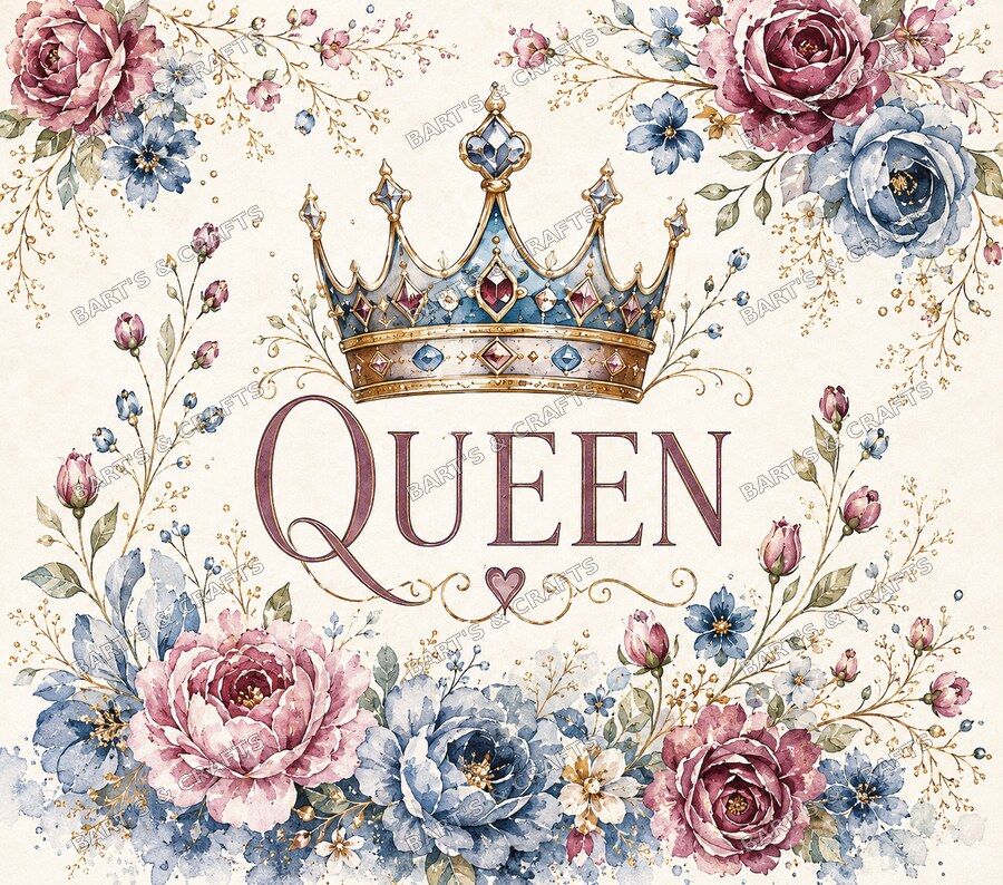 Queen Floral · Adult design on a Bart's & Crafts flat tumbler wrap