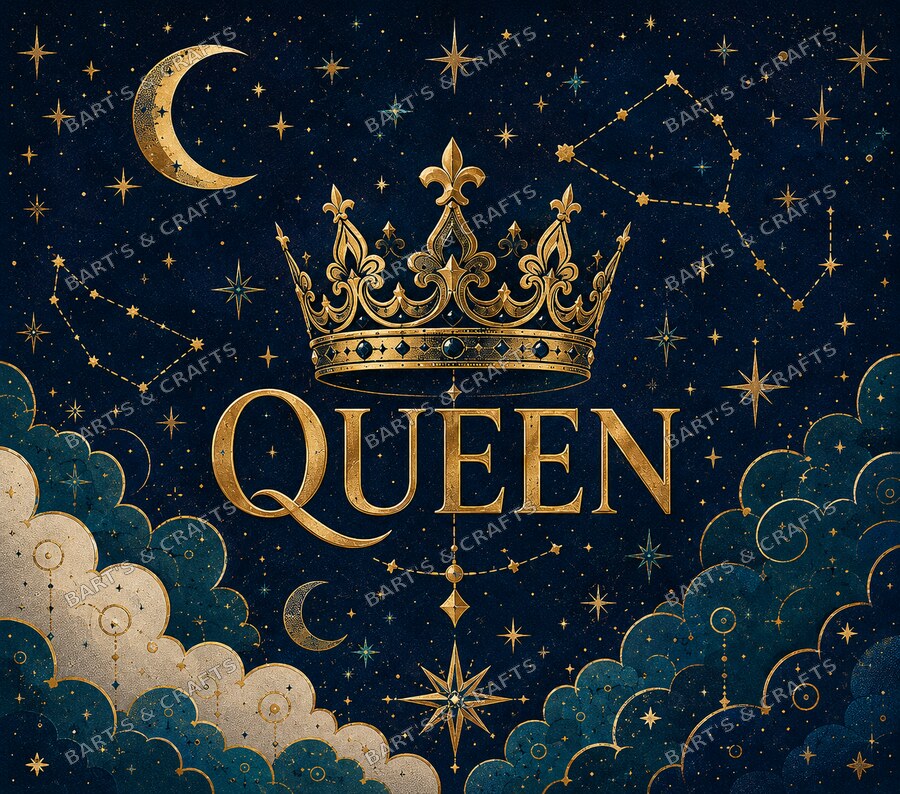 Queen Celestial · Adult design on a Bart's & Crafts flat tumbler wrap