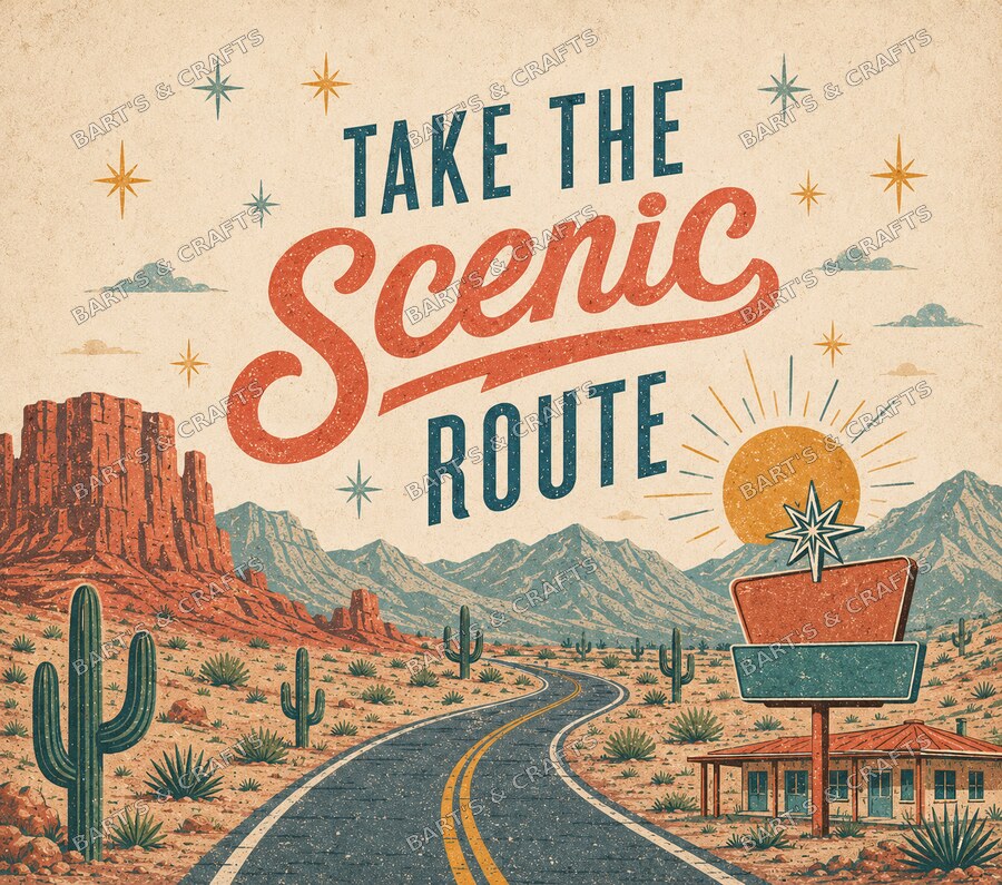 Scenic Route · 20 oz design on a Bart's & Crafts flat tumbler wrap