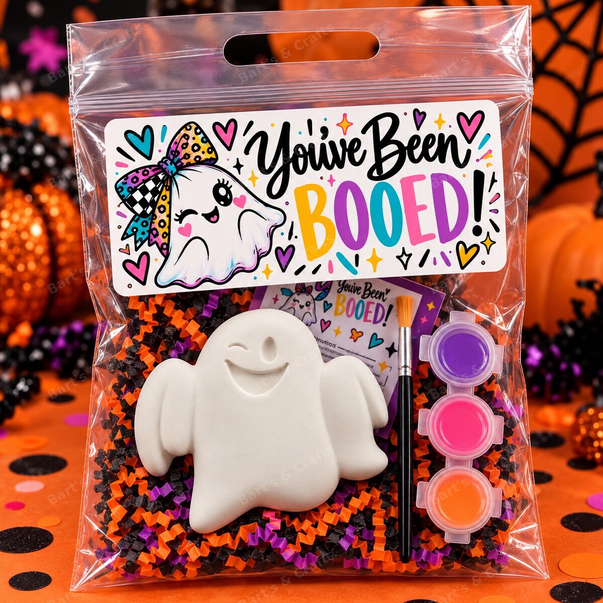 A You've Been Booed paint-your-own craft kit — a ghost to paint, paints, brush and instruction card inside the bag