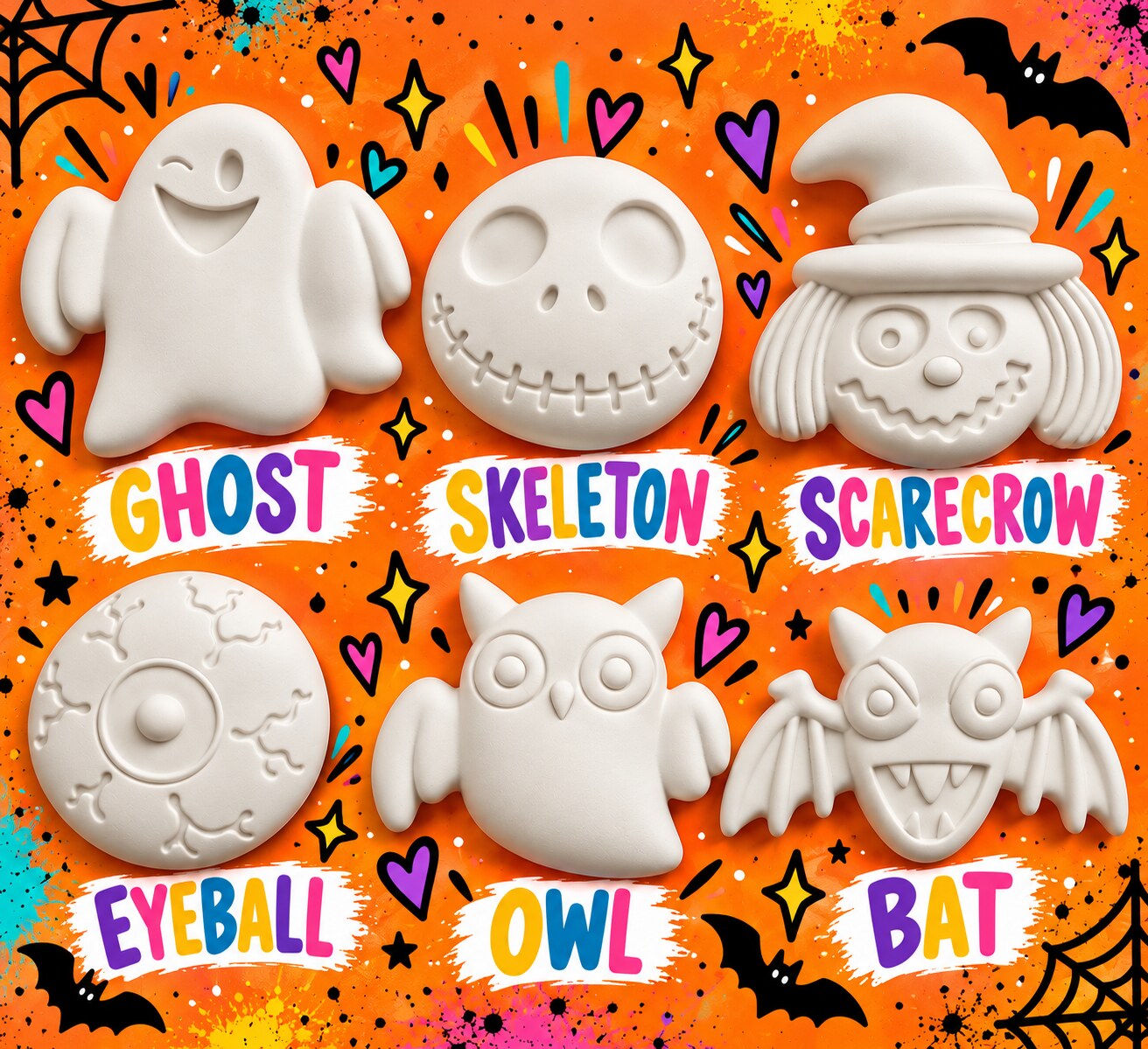 The six paintable plaster characters in every Boo kit: Ghost, Skeleton, Scarecrow, Eyeball, Owl and Bat